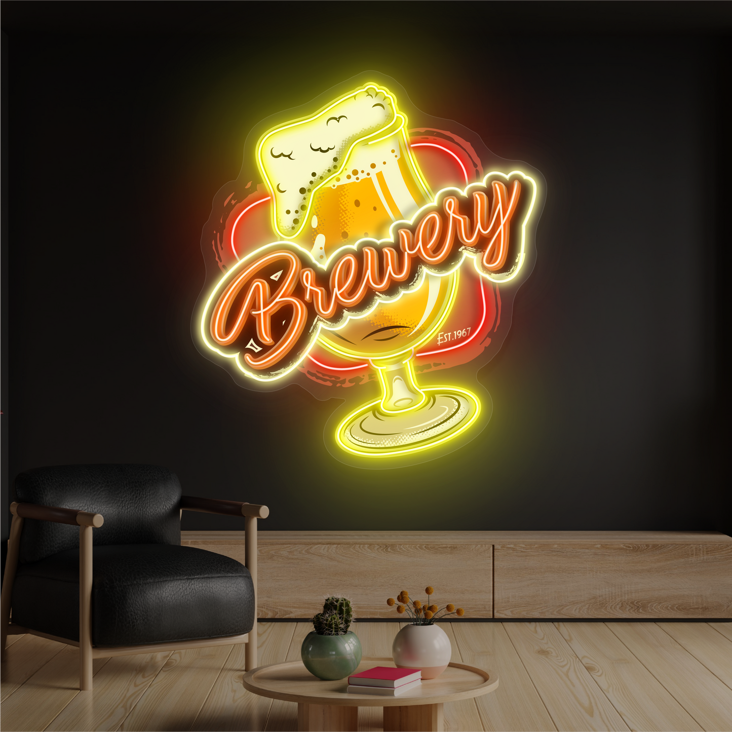 Enseigne au néon à LED avec illustration de bière de brasserie 