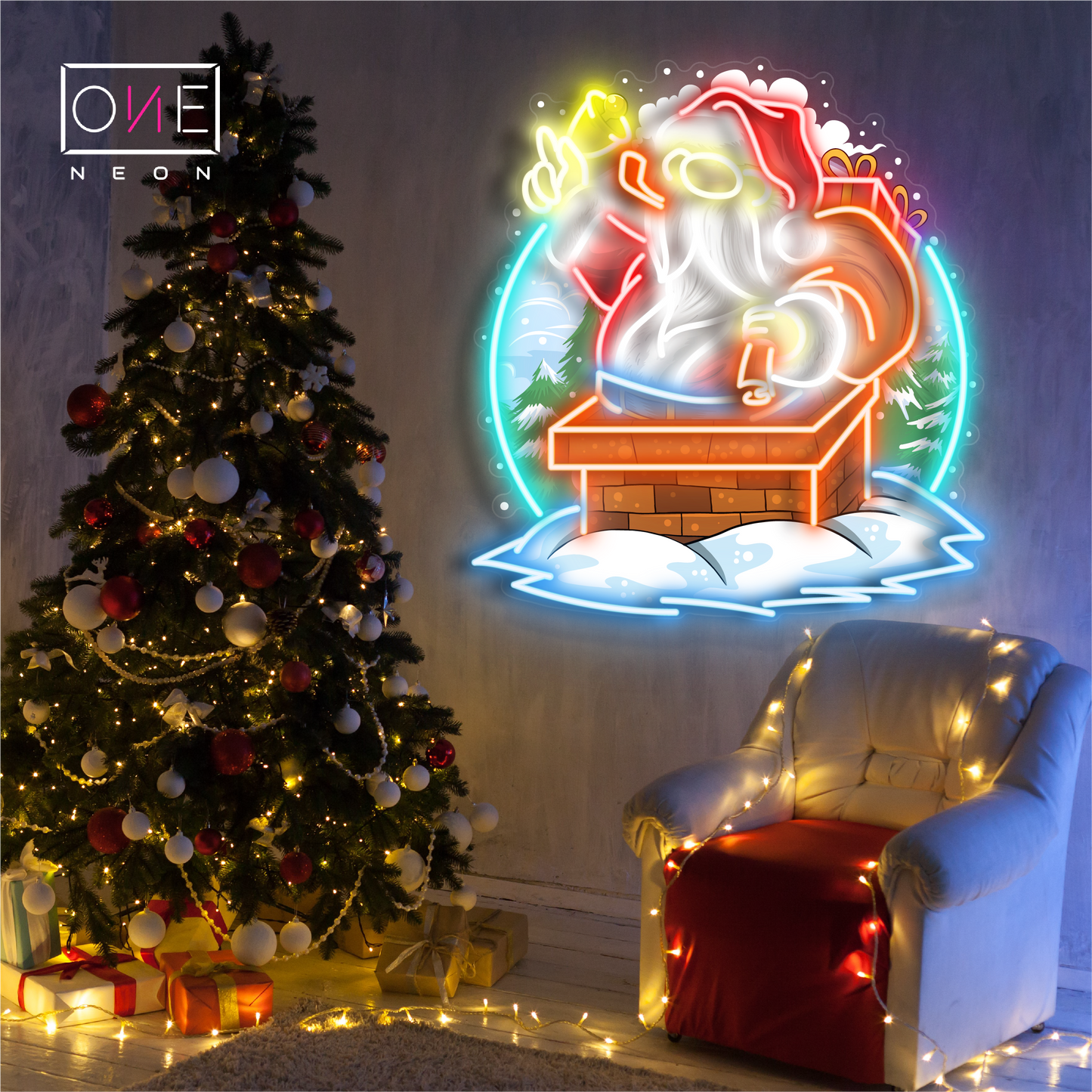 Panneau néon à LED avec illustration du Père Noël dans une cheminée 