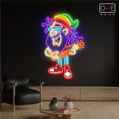 Panneau néon à LED avec illustration de guitare reggae jam