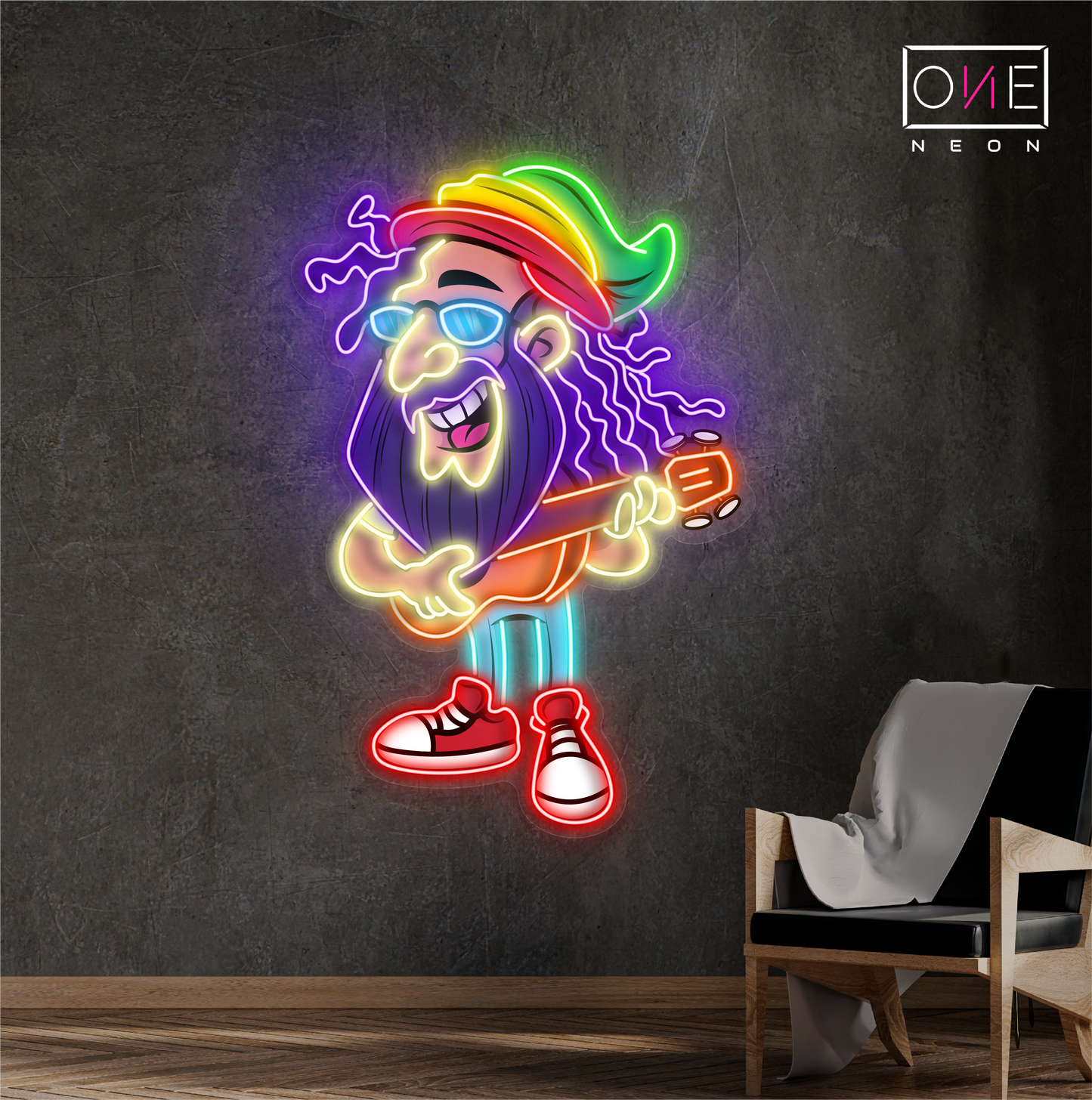 Panneau néon à LED avec illustration de guitare reggae jam