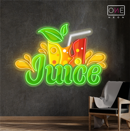 Enseigne au néon à LED avec illustration de jus de fruits frais 