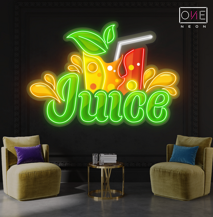 Enseigne au néon à LED avec illustration de jus de fruits frais 