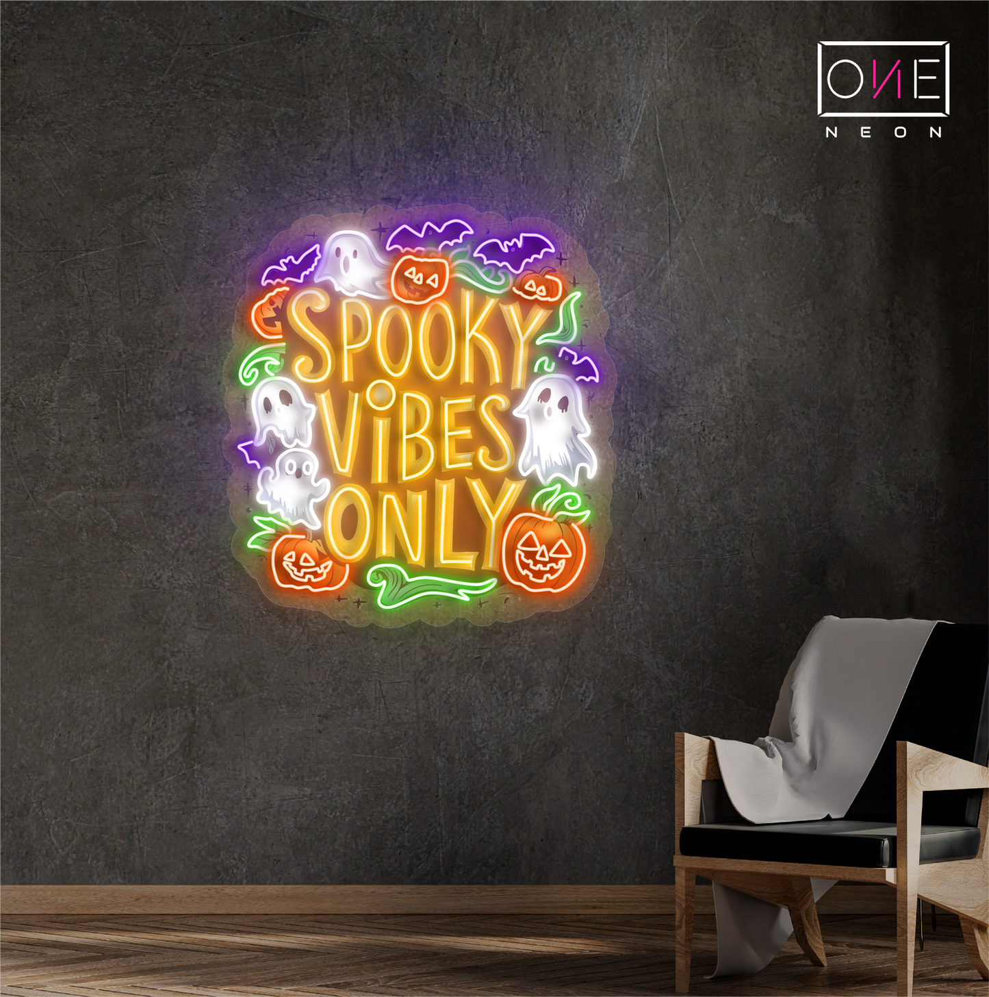 Panneau néon LED avec illustration Spooky Vibes Only 