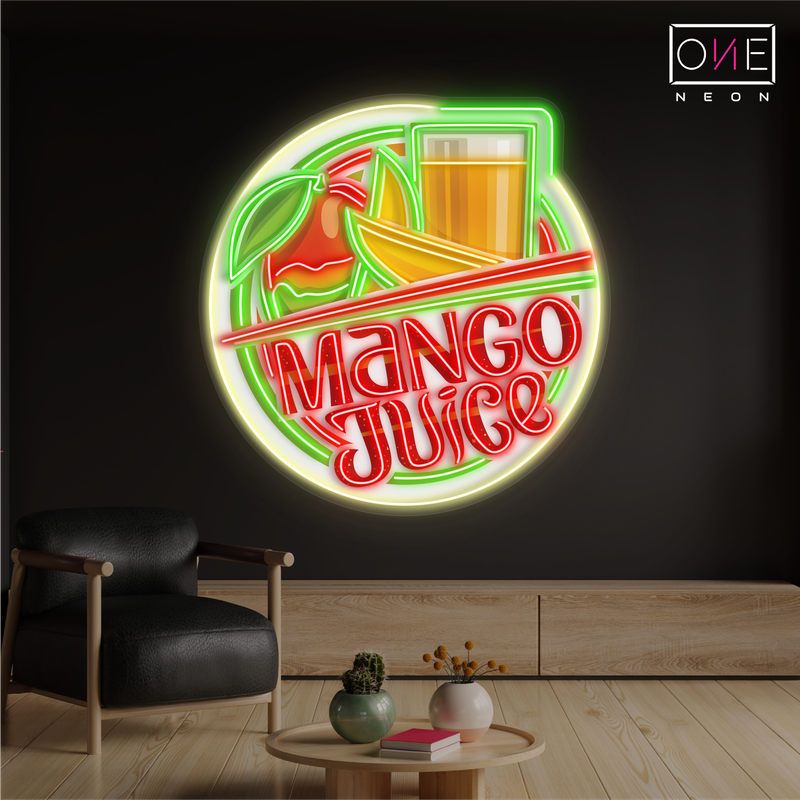 Enseigne au néon à LED avec illustration de jus de mangue