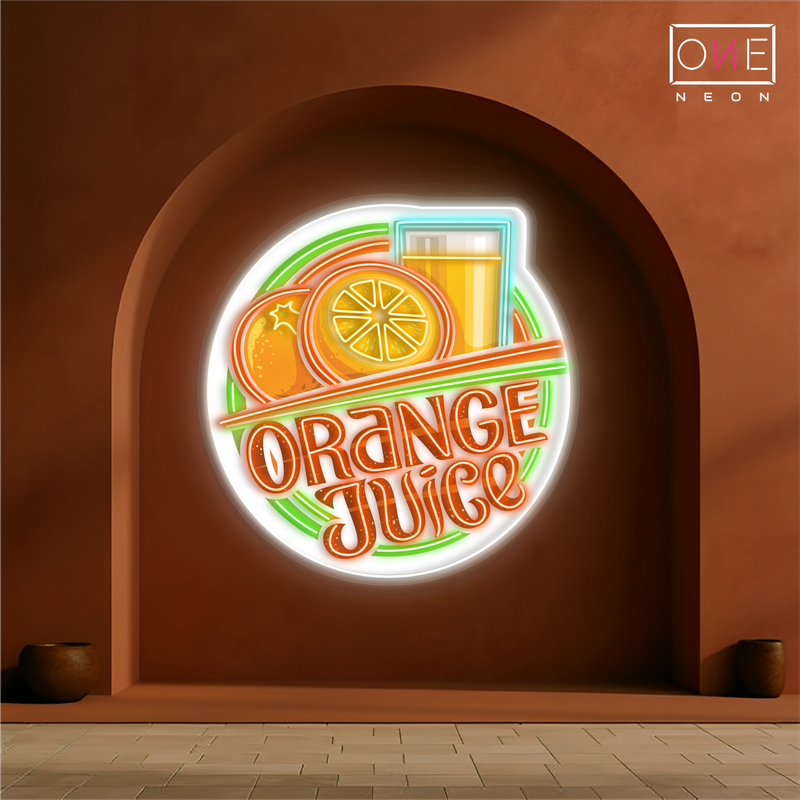 Enseigne au néon à LED avec illustration de jus d'orange