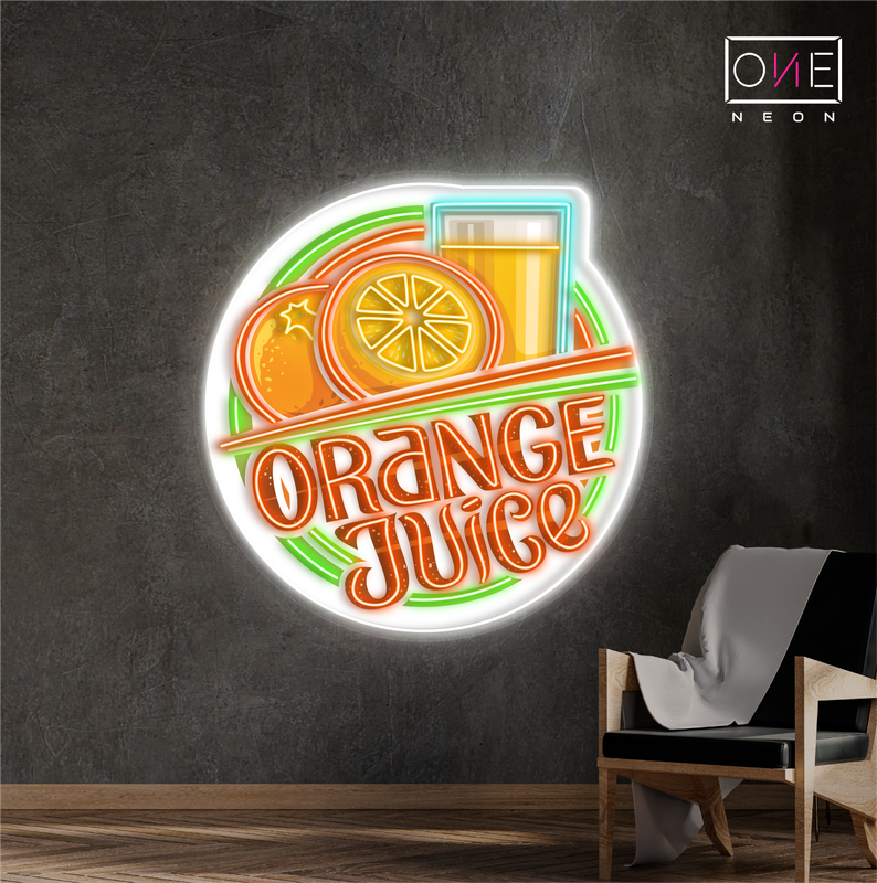 Enseigne au néon à LED avec illustration de jus d'orange