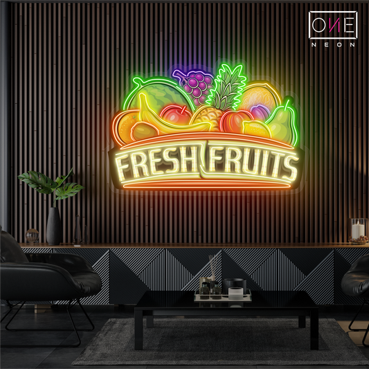 Enseigne au néon à LED avec illustration de fruits frais