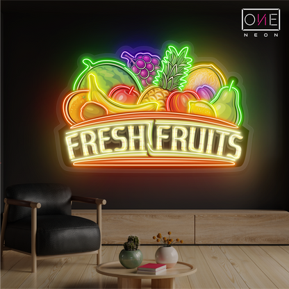 Enseigne au néon à LED avec illustration de fruits frais