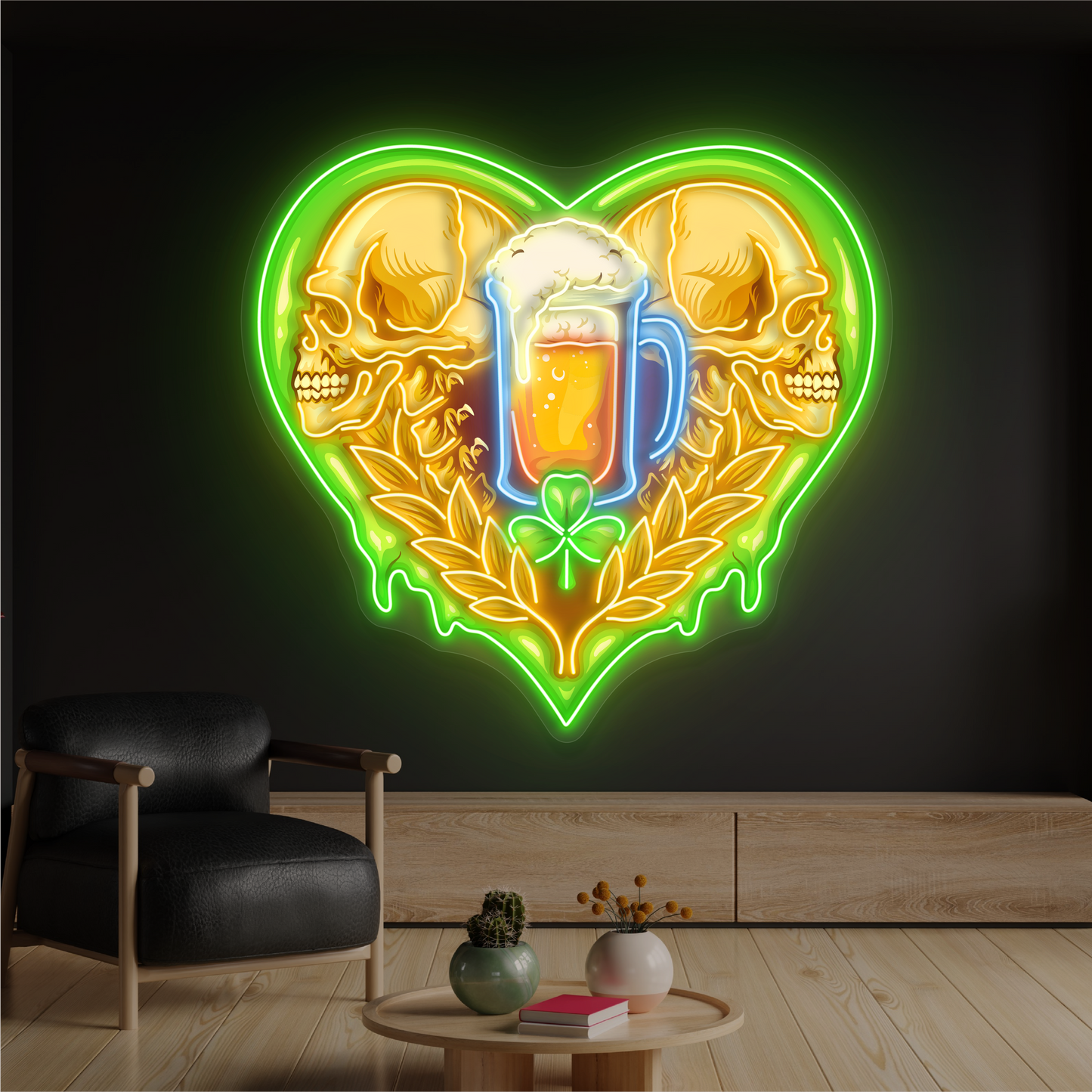 Panneau néon à LED avec illustration de crâne et de bière