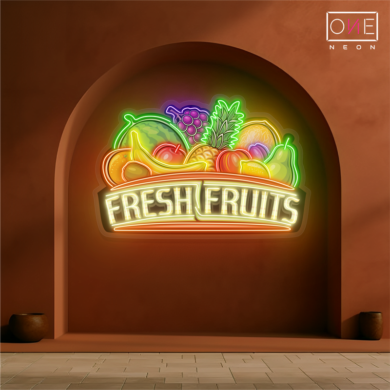 Enseigne au néon à LED avec illustration de fruits frais