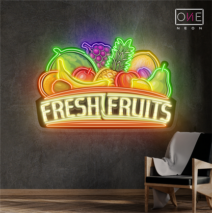 Enseigne au néon à LED avec illustration de fruits frais