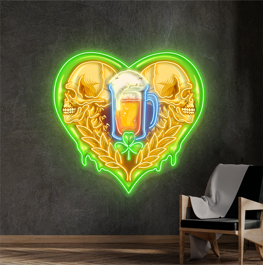 Panneau néon à LED avec illustration de crâne et de bière