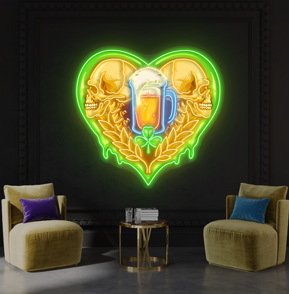 Panneau néon à LED avec illustration de crâne et de bière