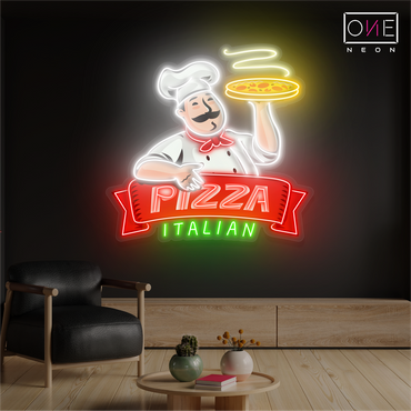 Enseigne au néon à LED avec illustration de pizza italienne 