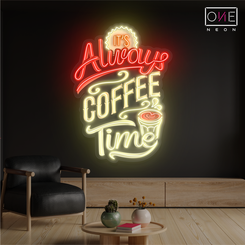 Panneau néon à LED avec illustration « C'est toujours l'heure du café »