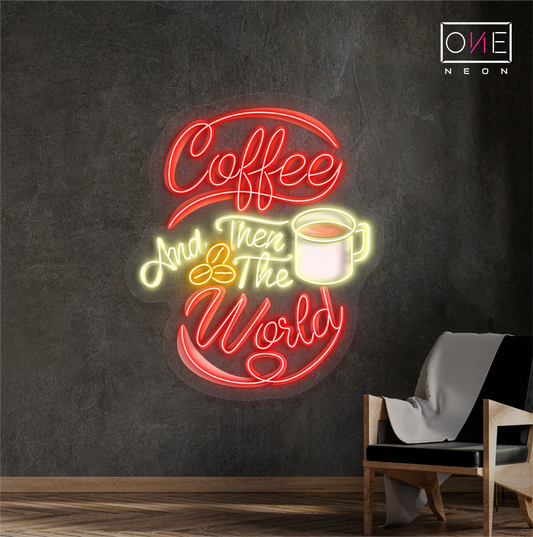 Panneau néon à LED avec illustration de Coffee and Then The World