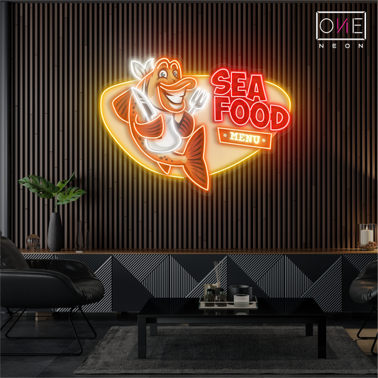 Enseigne au néon à LED avec illustration de fruits de mer 