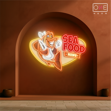 Enseigne au néon à LED avec illustration de fruits de mer 