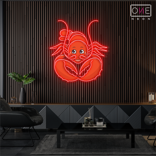 Enseigne au néon à LED avec illustration de homard heureux 