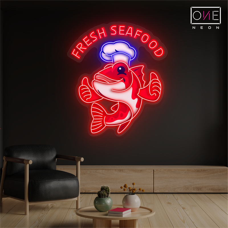 Enseigne au néon à LED avec illustration de fruits de mer frais 