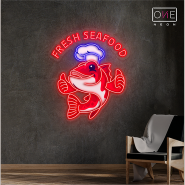 Enseigne au néon à LED avec illustration de fruits de mer frais 