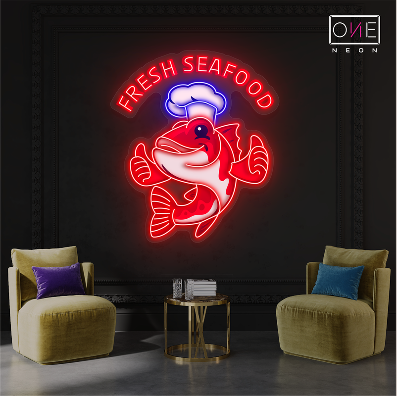 Enseigne au néon à LED avec illustration de fruits de mer frais 