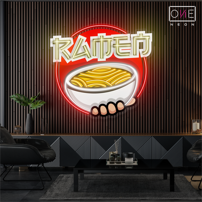 Panneau néon LED avec illustration de bol de ramen 