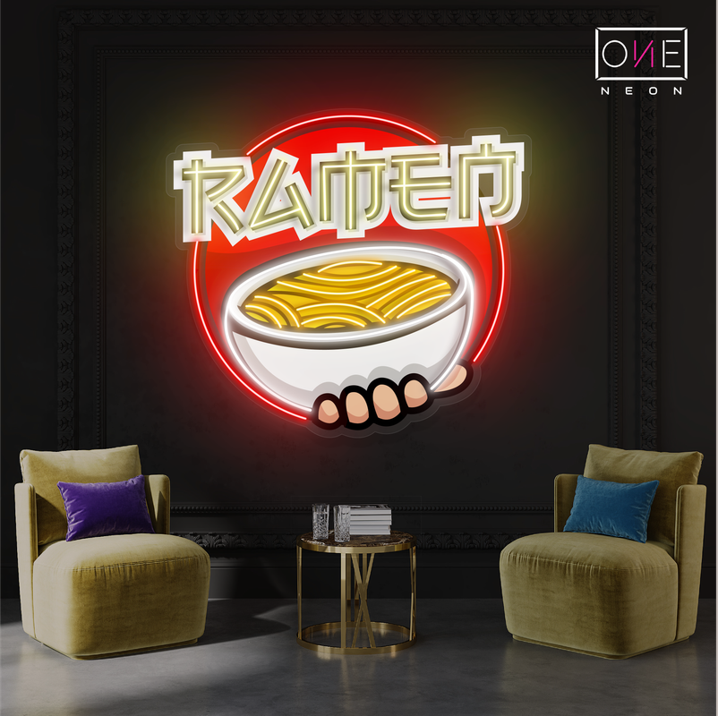 Panneau néon LED avec illustration de bol de ramen 