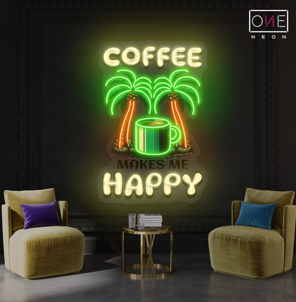 Panneau néon à LED avec illustration de café heureux 