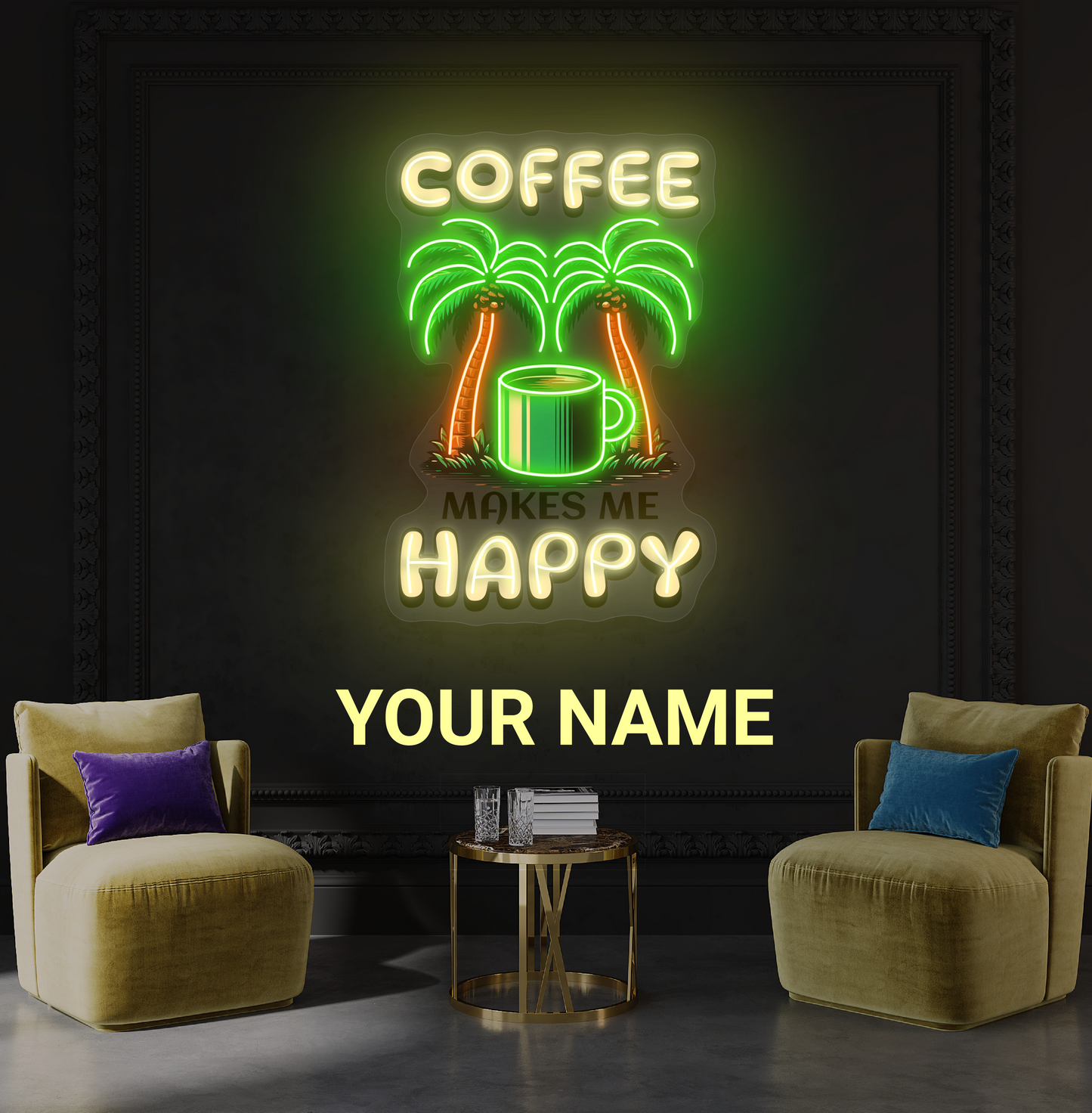 Panneau néon à LED avec illustration de café heureux 