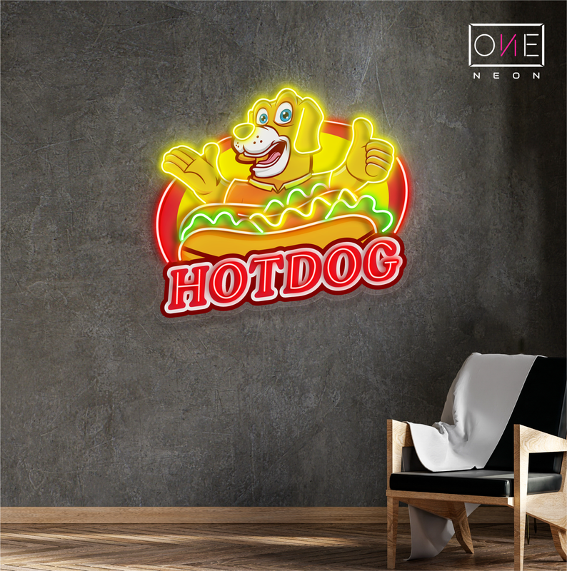 Enseigne au néon à LED avec illustration de hot-dog 