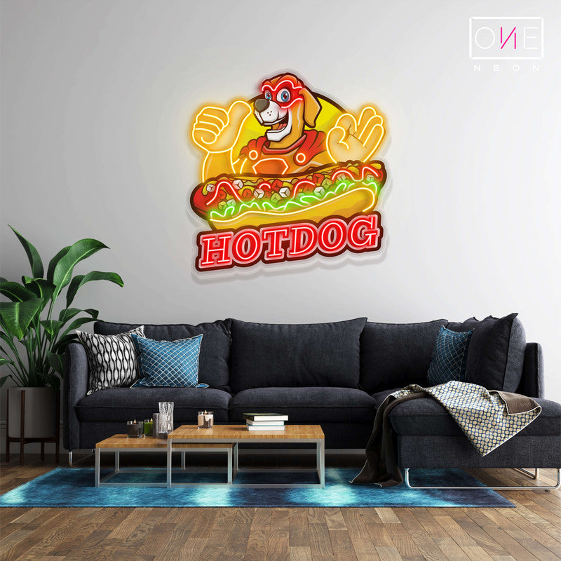 Enseigne au néon à LED avec illustration de hot-dog 