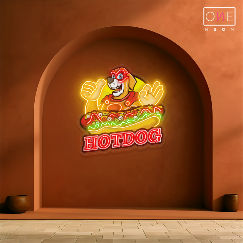 Enseigne au néon à LED avec illustration de hot-dog 