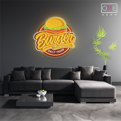 Panneau néon LED avec illustration de hamburger 