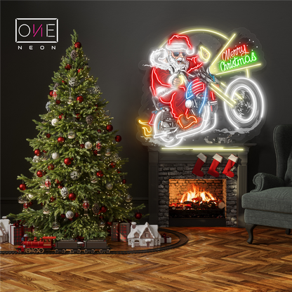 Panneau néon à LED représentant un père Noël motard 