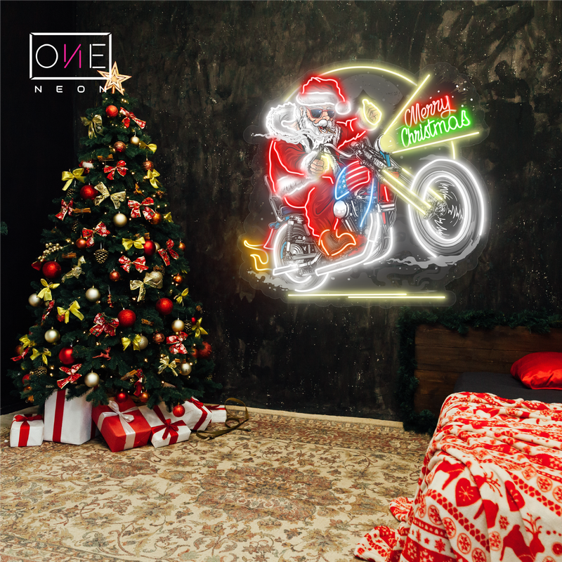 Panneau néon à LED représentant un père Noël motard 