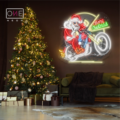 Panneau néon à LED représentant un père Noël motard 