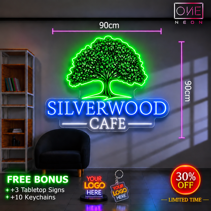 SILVER WOOD CAFE + OPEN | LED Neon Sign (2 outdoor signs)