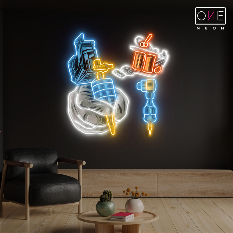 Enseigne au néon à LED avec illustration d'outils de tatouage 