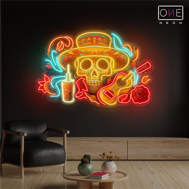 Panneau néon à LED avec illustration de sérénade de crâne de Mariachi 