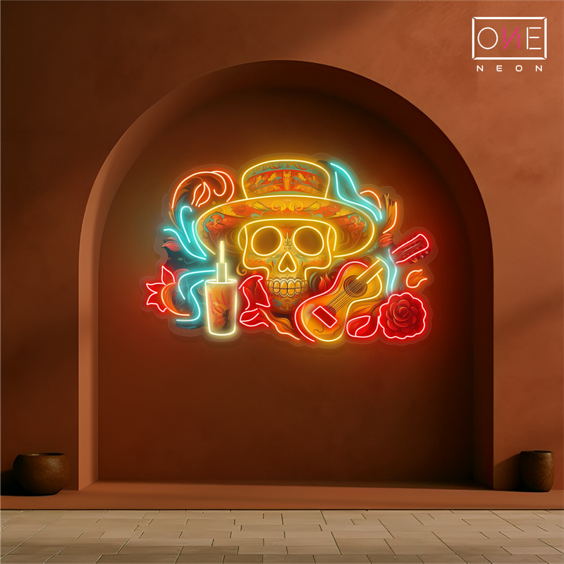 Panneau néon à LED avec illustration de sérénade de crâne de Mariachi 