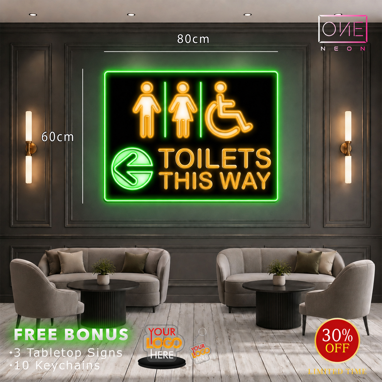TOILETS THIS WAY | LED Neon Sign (waterproof)