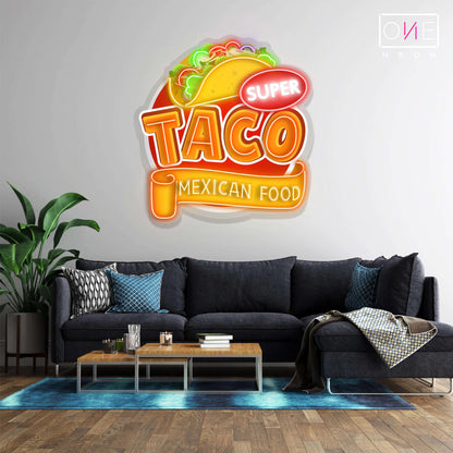 Panneau néon à LED avec illustration de nourriture mexicaine Super Taco 