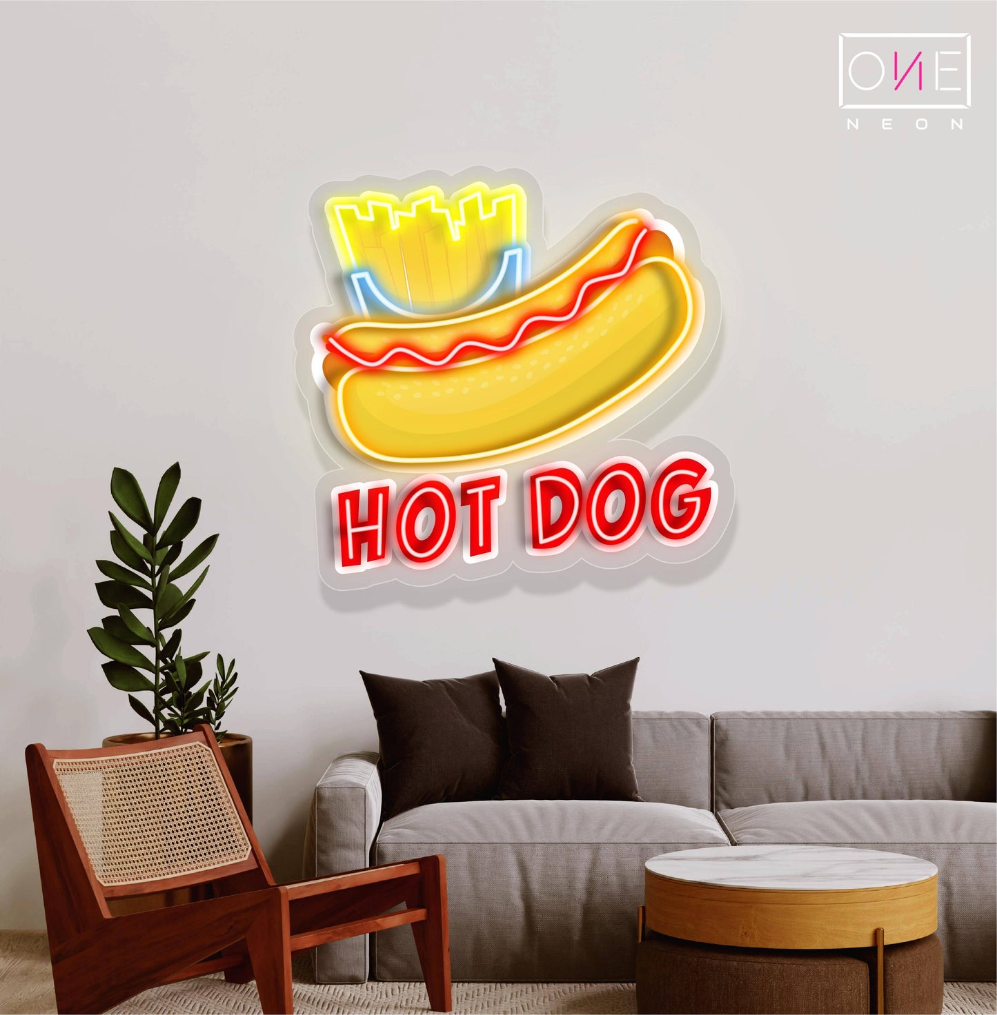 Enseigne au néon à LED avec illustration de hot-dog 