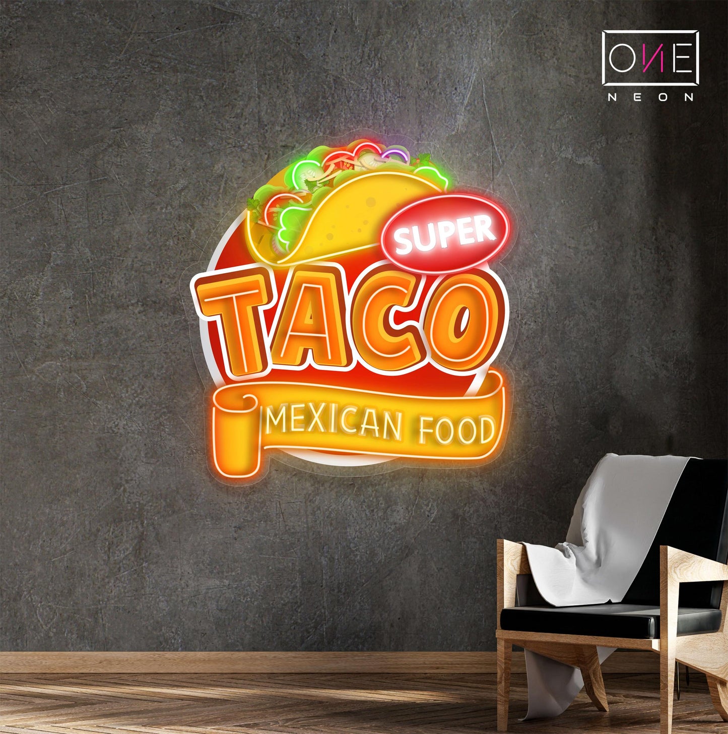 Panneau néon à LED avec illustration de nourriture mexicaine Super Taco 