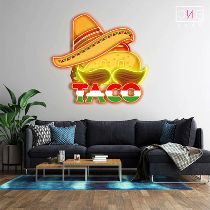 Panneau néon à LED avec illustration de tacos Mexican Hat 