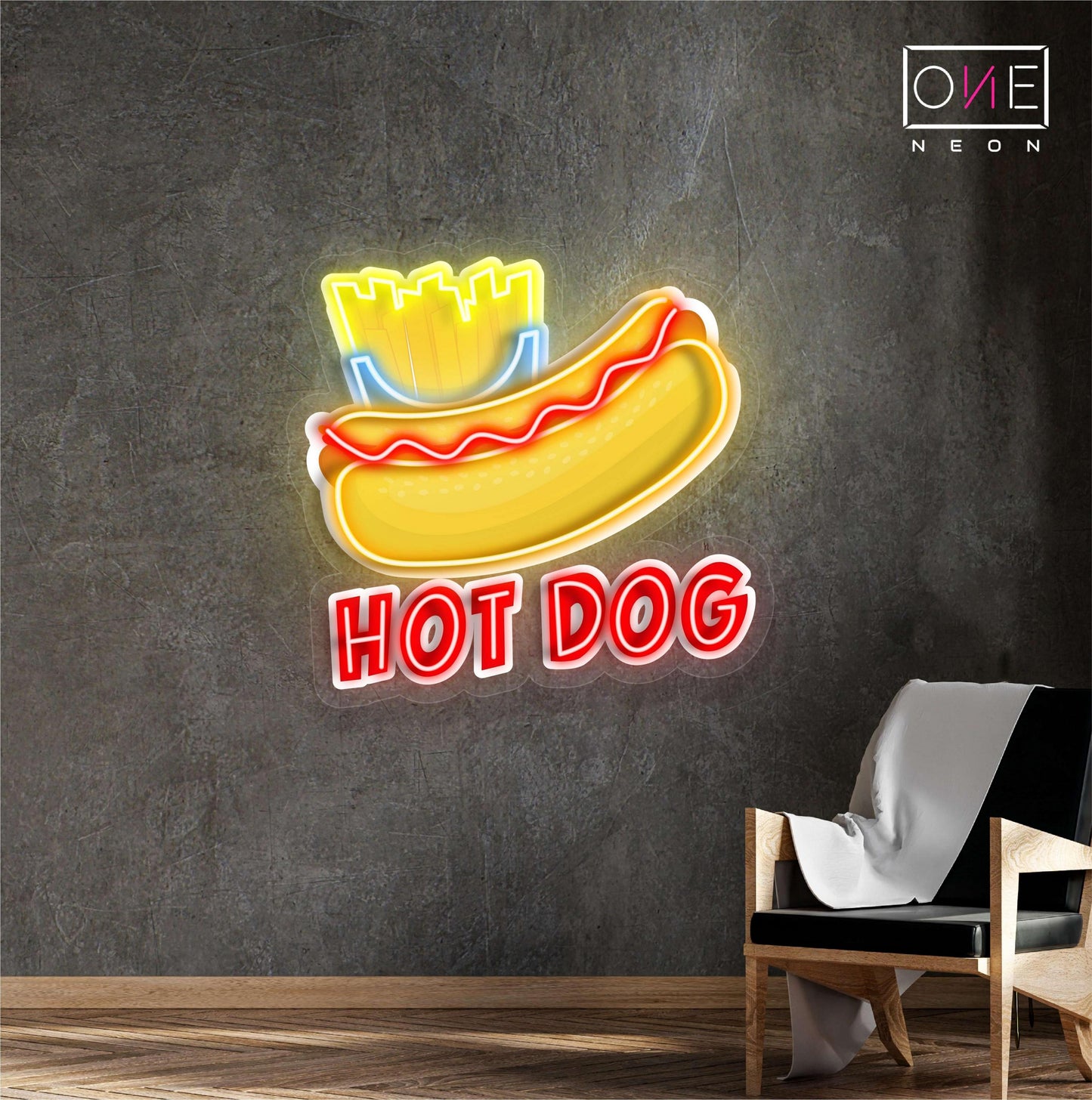 Enseigne au néon à LED avec illustration de hot-dog 